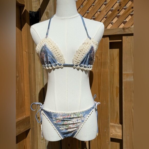 🆕 ZIMMERMANN 🧿 NWT Cascadian Crochet Tri Bikini, Blue Botanical - Sz 3 US6/8 - Picture 11 of 16